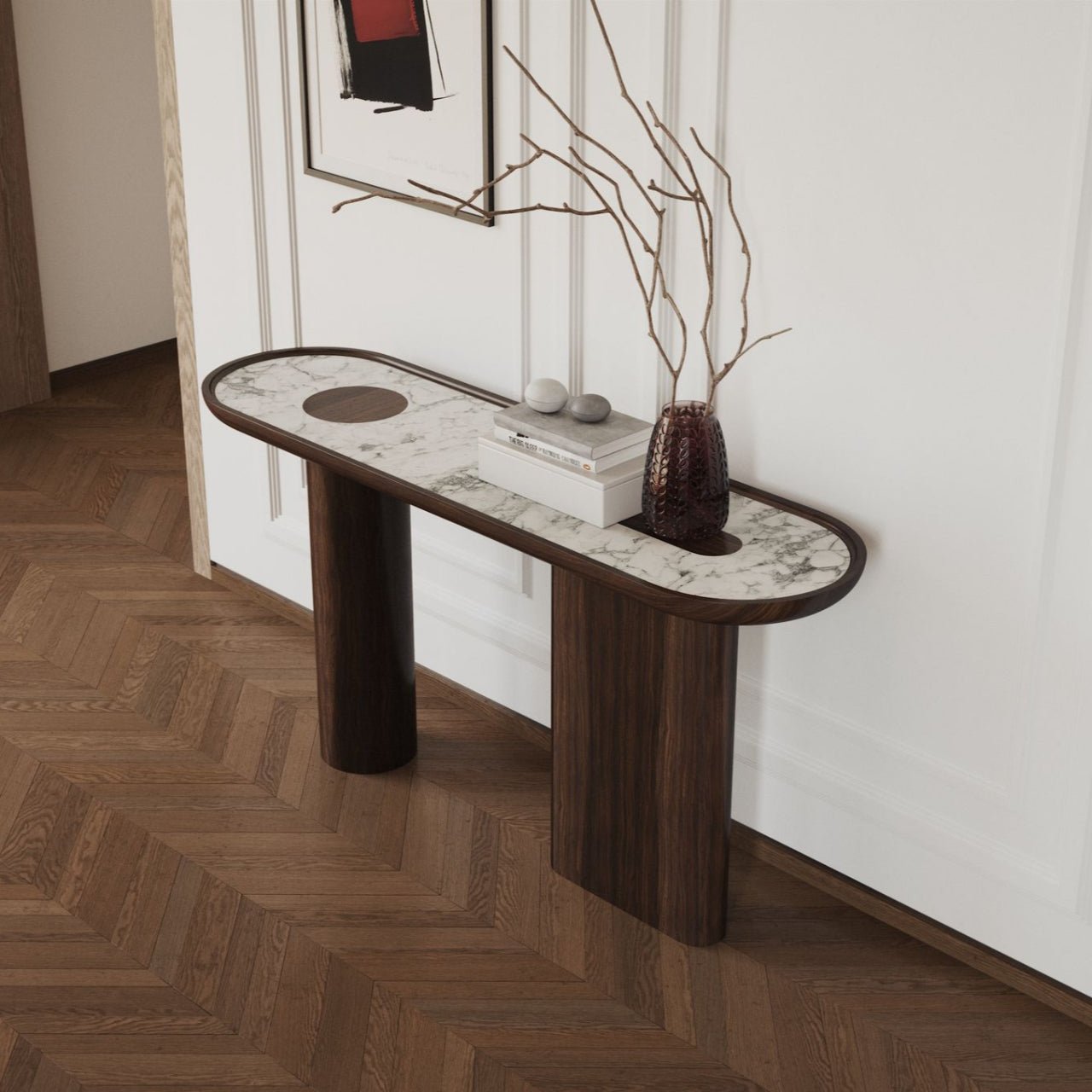 Console ovale en eucalyptus fumé glossy et marbre CRETA – ULTRA MOBILI - La Maison MilanaiseCCRWEAF2