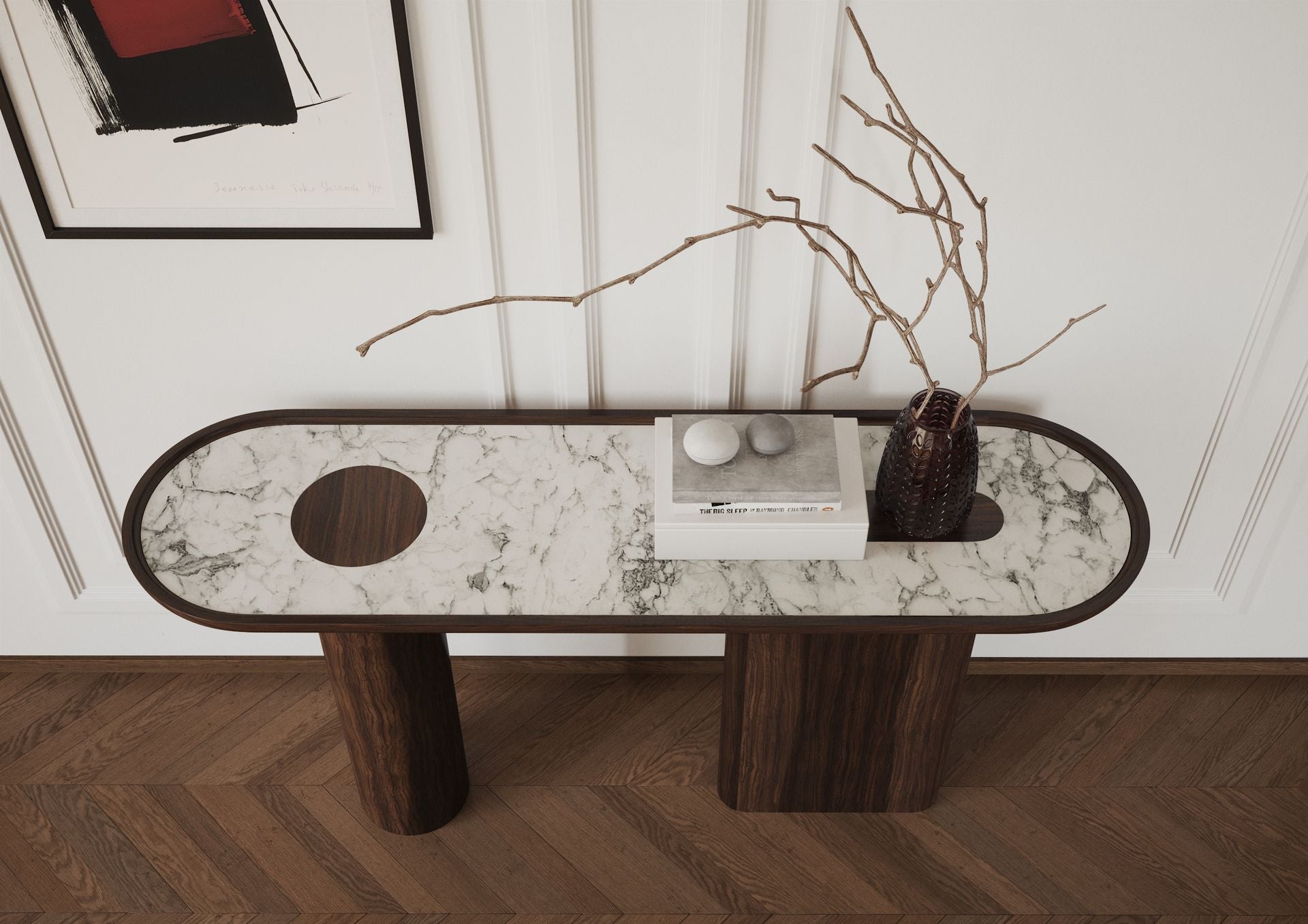 Console ovale en eucalyptus fumé glossy et marbre CRETA – ULTRA MOBILI - La Maison MilanaiseCCRWEAF2