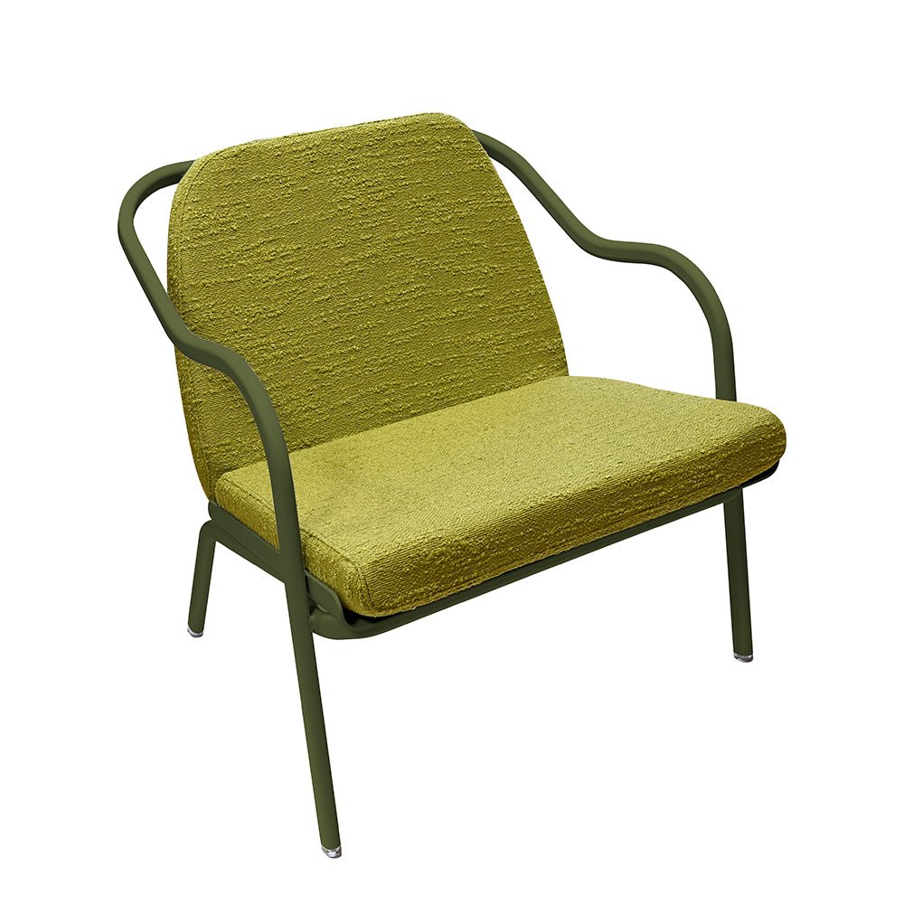 Fauteuil lounge design en aluminium et tissus vert - ALLURE D'AZUR - La Maison MilanaiseKakiTilleul Bouclé