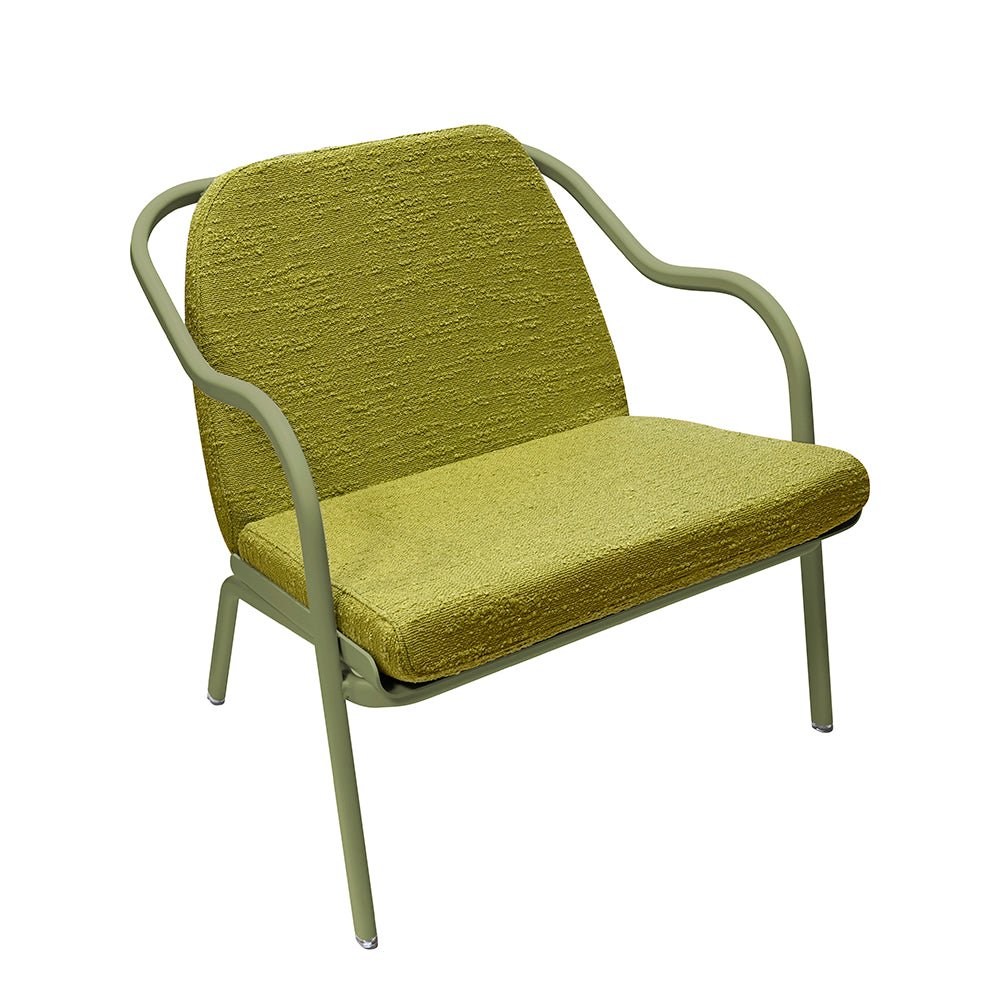 Fauteuil lounge design en aluminium et tissus vert - ALLURE D'AZUR - La Maison MilanaiseOlivierTilleul Bouclé