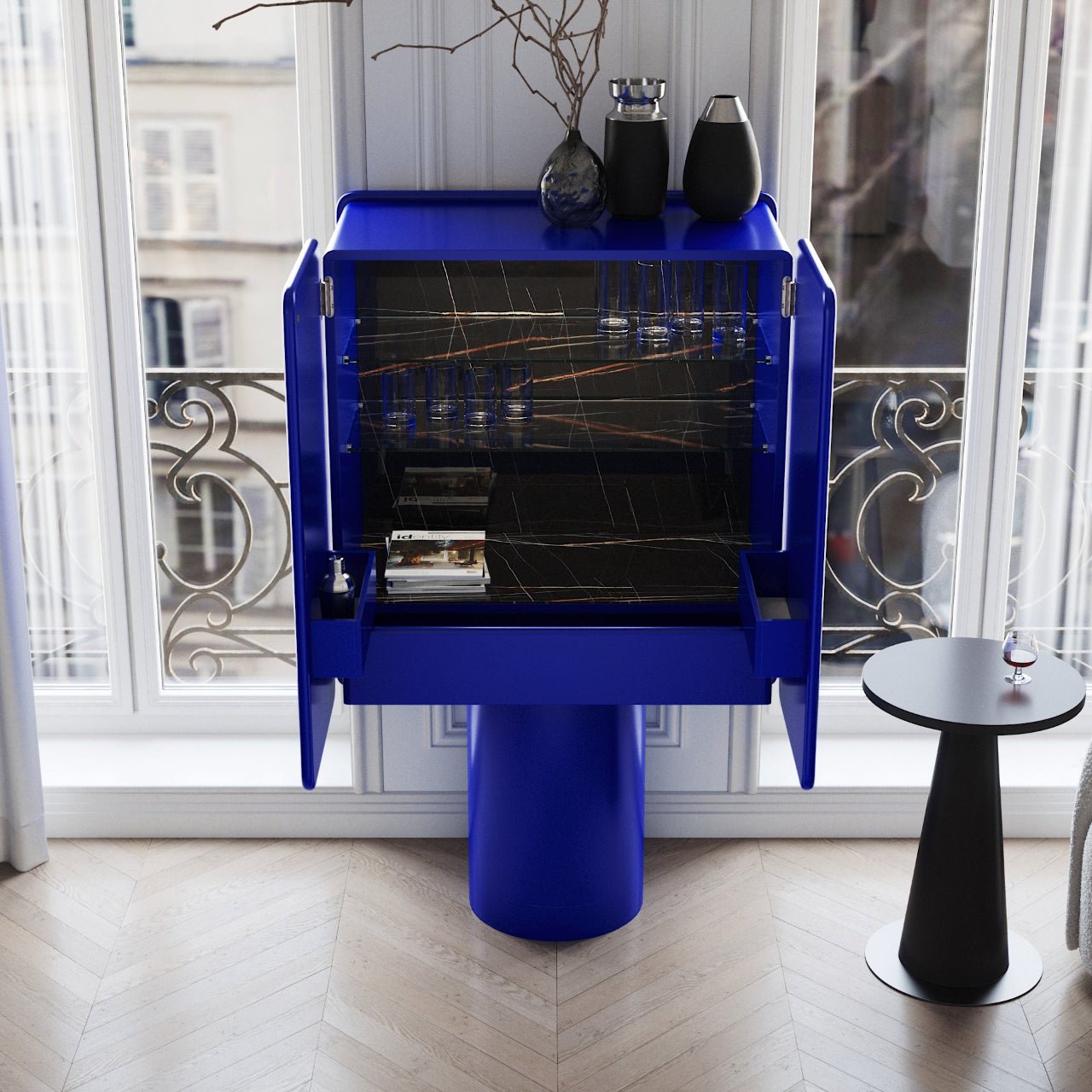 Meuble bar REGIS Bleu électrique – insert céramique Sahara Noir - ULTRA MOBILI - La Maison MilanaiseBRG
