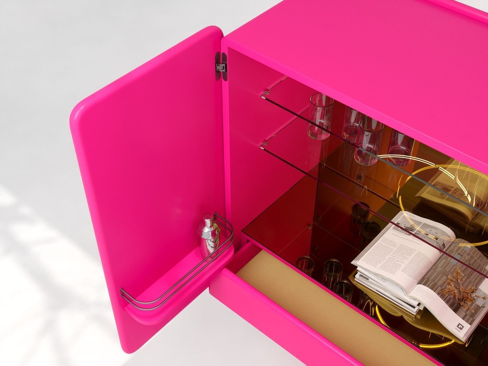 Meuble bar REGIS Rose Fluo et Miroir doré - ULTRA MOBILI - La Maison MilanaiseBRGROSE