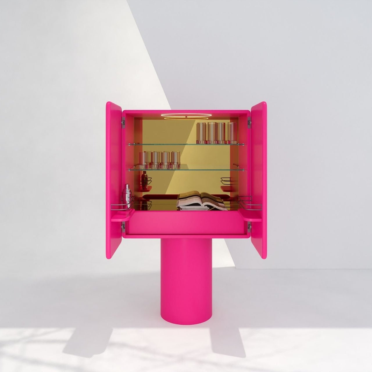 Meuble bar REGIS Rose Fluo et Miroir doré - ULTRA MOBILI - La Maison MilanaiseBRGROSE