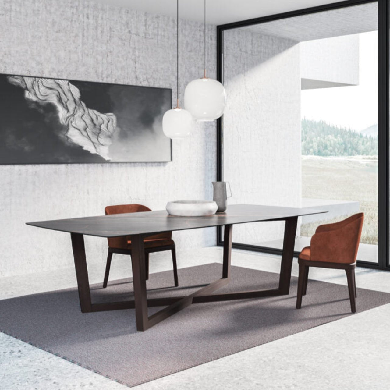 Table FENG SHUI – Design italien d’exception en Fenix, céramique ou HPL – IMPÉRIAL LINE - La Maison MilanaiseFENGSHUI - 6200x100cm Rectangle curvé Plateau Céramique noir Sahara et pied reverse Ardesia