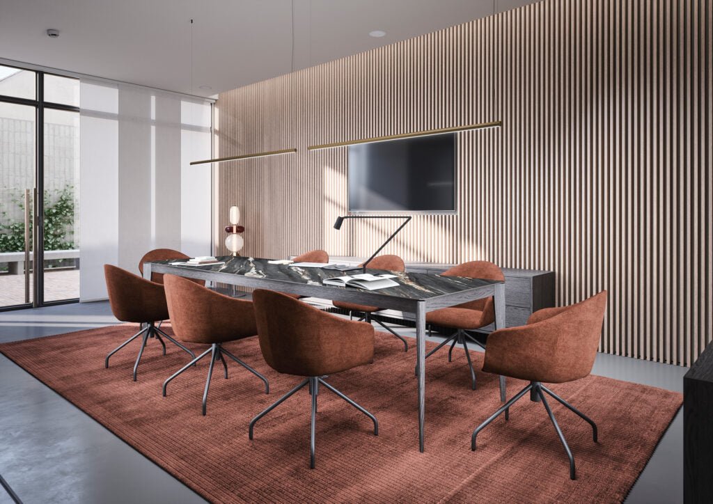 Table TAI - GA – Design sculptural & finitions nobles pour un intérieur d’exception - IMPÉRIAL LINE - La Maison MilanaiseTAI - GA - 4140x90cmPlateau Fenix Rosso Jaipur & Pieds Noyer OssidoFixe