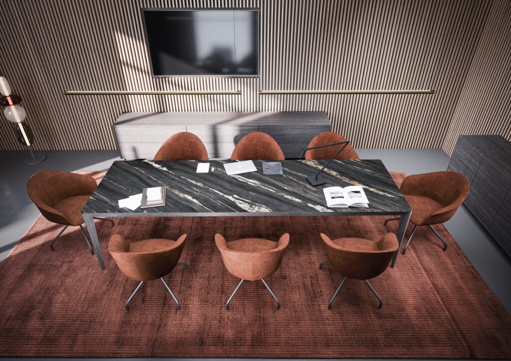 Table TAI - GA – Design sculptural & finitions nobles pour un intérieur d’exception - IMPÉRIAL LINE - La Maison MilanaiseTAI - GA - 4140x90cmPlateau Fenix Rosso Jaipur & Pieds Noyer OssidoFixe