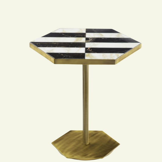 Table d'appoint hexagonale en marbre noir et blanc Ted - MARIONI