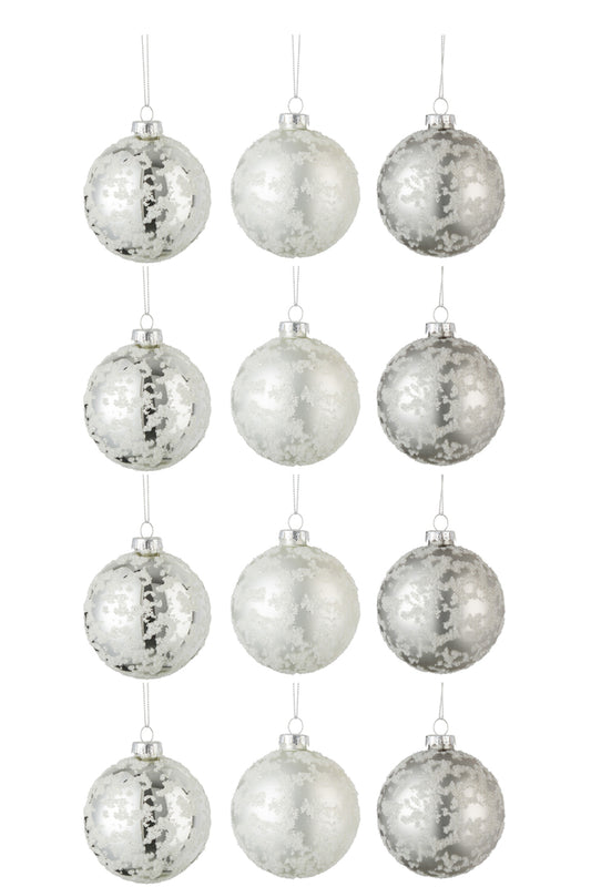 Boîte de 12 boules de Noël 4+4+4 en verre à sucre gris mat/blanc mat/argent brillant petit