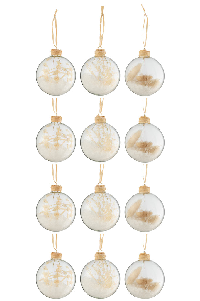 Boîte de 12 boules de Noël 4+4+4 branches séchées en verre beige transparent