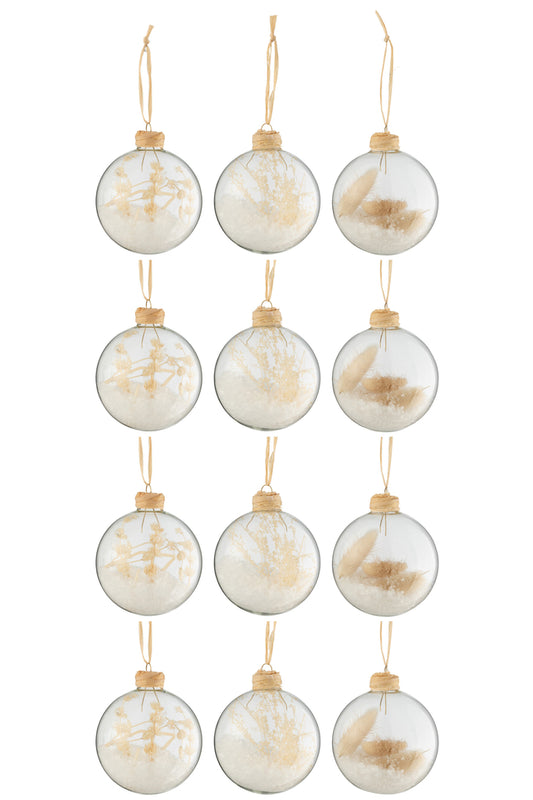 Boîte de 12 boules de Noël 4+4+4 branches séchées en verre beige transparent