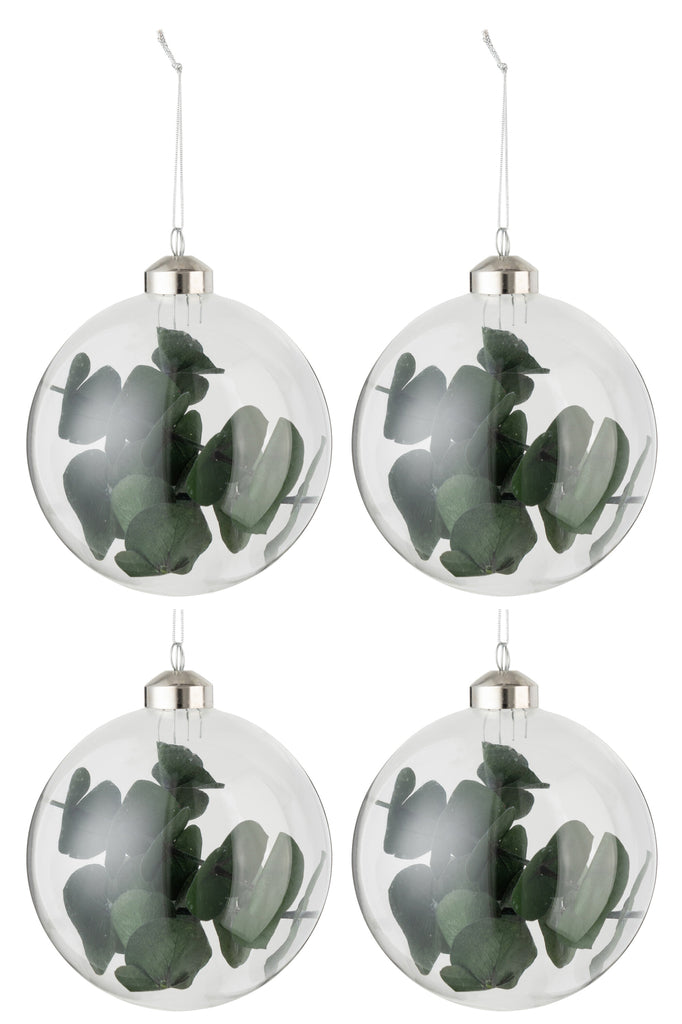 Boîte de 4 boules de Noël en verre transparent vert eucalyptus séché de taille moyenne