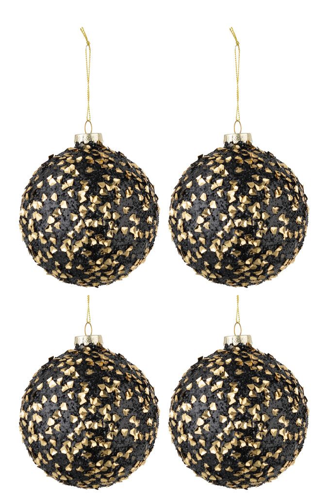 Boîte de 4 boules de Noël pailletées en verre noir et or de taille moyenne