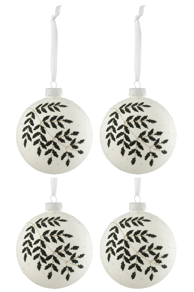 Boîte de 4 boules de Noël Feuille de Noël Paillettes Vert Verre Blanc Moyen