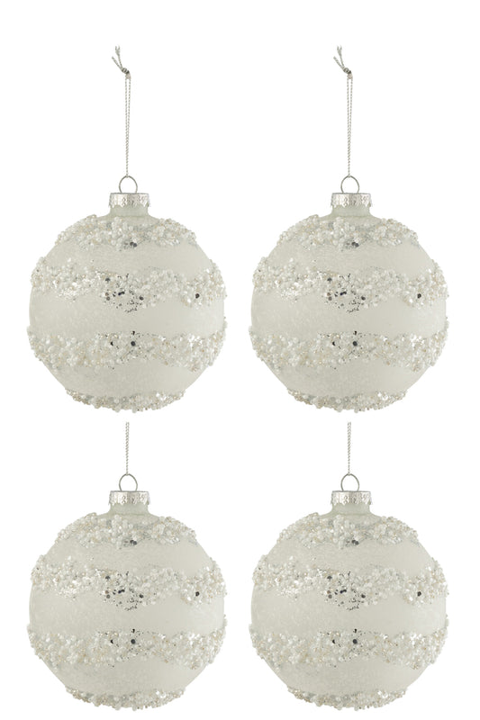 Boîte de 4 boules de Noël lignes pailletées + perles blanches/argentées en verre blanc mat moyen