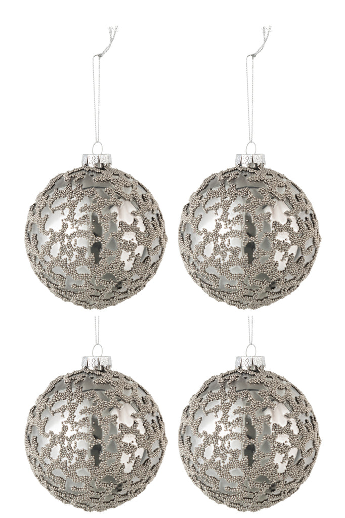 Boîte de 4 boules de Noël mini perles en verre gris brillant petit