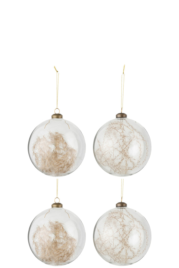 Boîte de 4 boules de Noël rondes en verre transparent avec 2+2 pampas séchées, de grande taille.