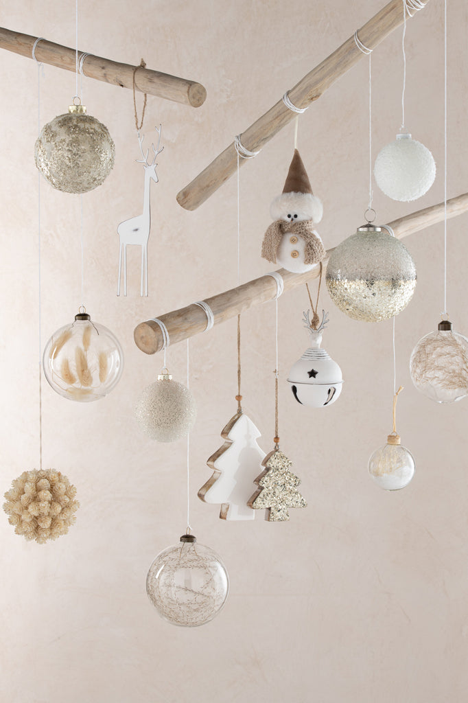 Boîte de 4 boules de Noël rondes en verre transparent avec 2+2 pampas séchées, de grande taille.