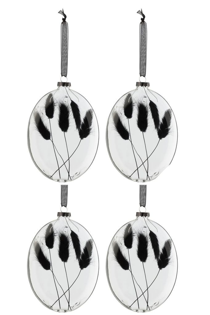 Boîte de 4 boules de Noël ovales plates en verre noir transparent avec queue de lièvre séchée.