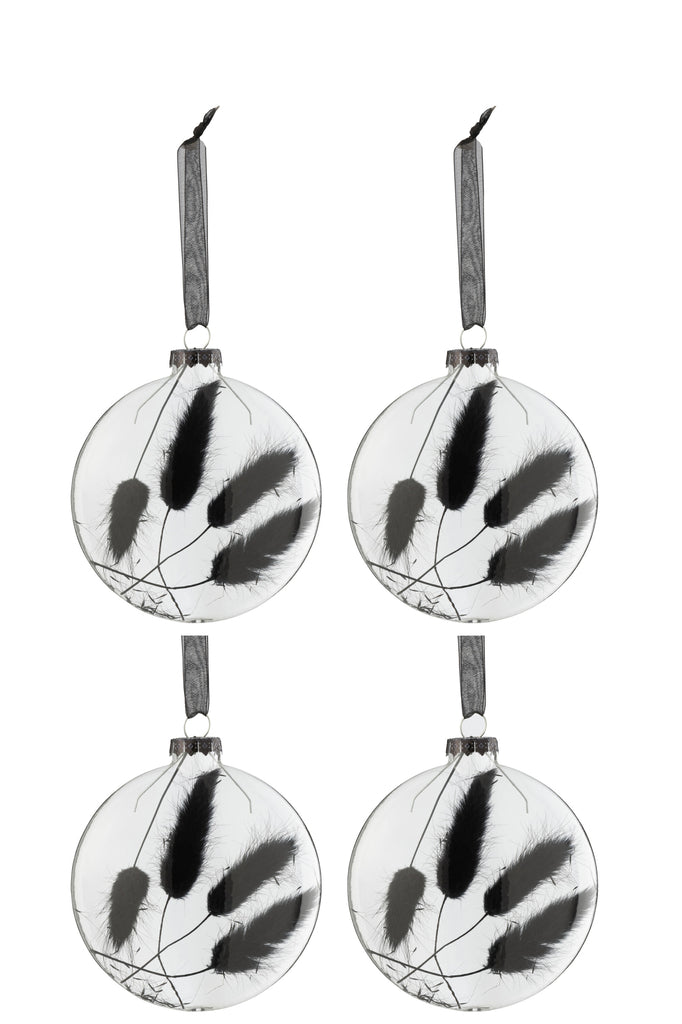 Boîte de 4 boules de Noël rondes plates en verre noir transparent moyen avec queue de lièvre séchée.