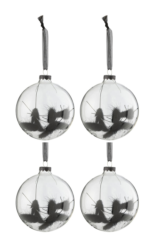 Boîte de 4 boules de Noël rondes en verre noir transparent moyennes avec queue de lièvre séchée.