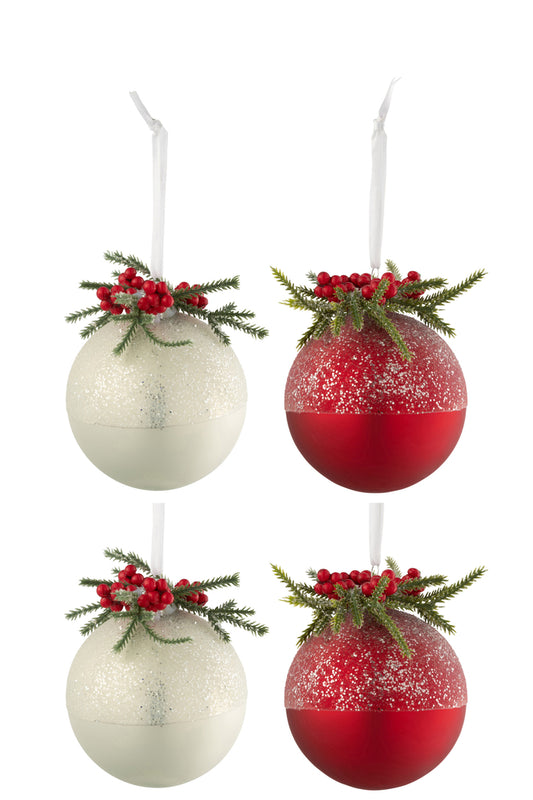 Boîte de 4 boules de Noël Déco de Noël + Baies en verre sucré blanc/rouge petit