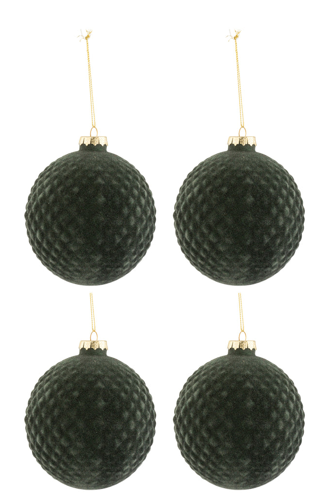 Boîte de 4 boules de Noël en velours à motif en verre vert foncé de taille moyenne