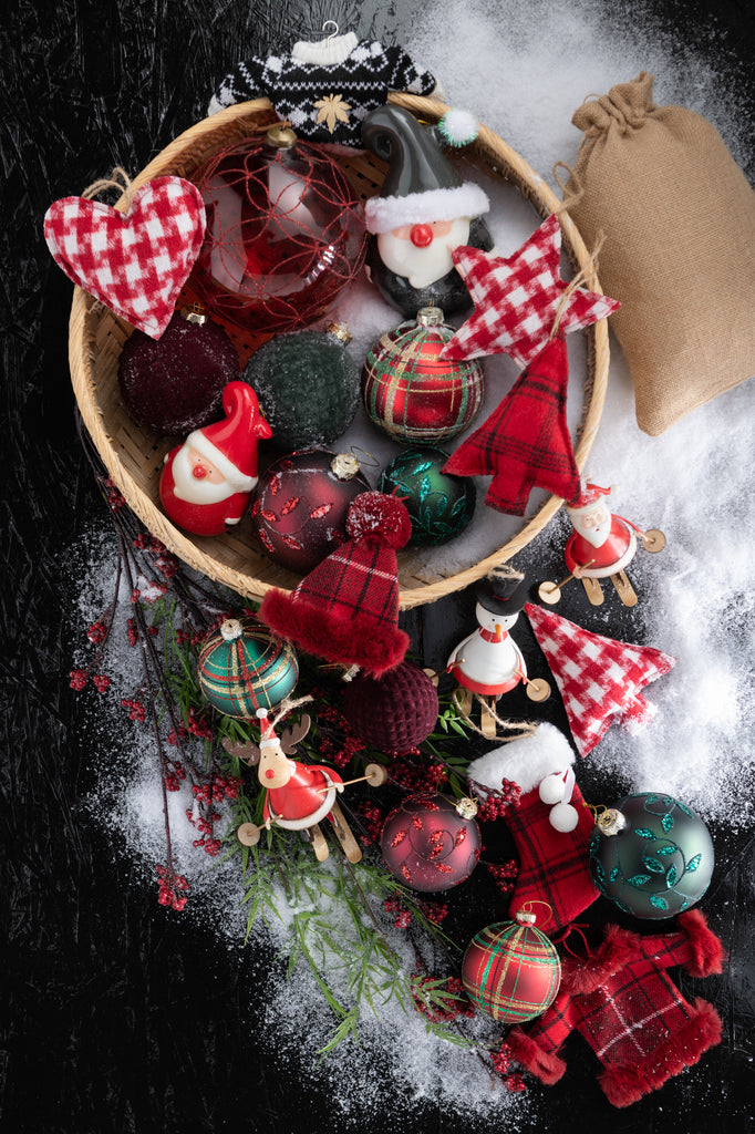 Boîte de 4 boules de Noël en velours à motif en verre vert foncé de taille moyenne