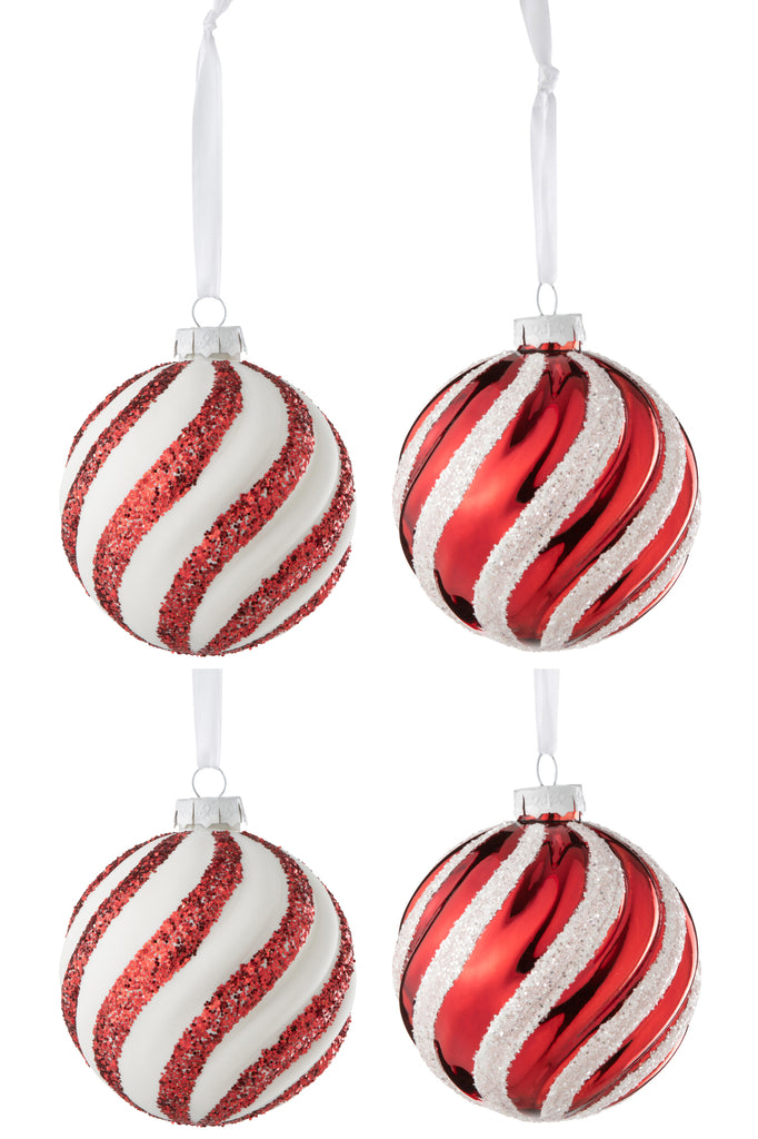 Boîte de 4 boules de Noël 2+2 lignes en verre blanc/rouge grand