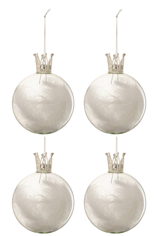 Boîte de 4 boules de Noël couronne plume blanche en verre transparent moyen