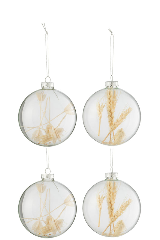 Boîte de 4 boules de Noël 2+2 branches séchées en verre beige transparent grand