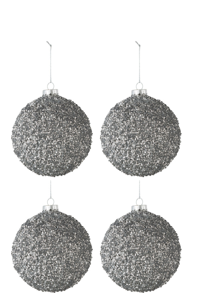 Boîte de 4 boules de Noël en verre pailleté gris fumé de taille moyenne