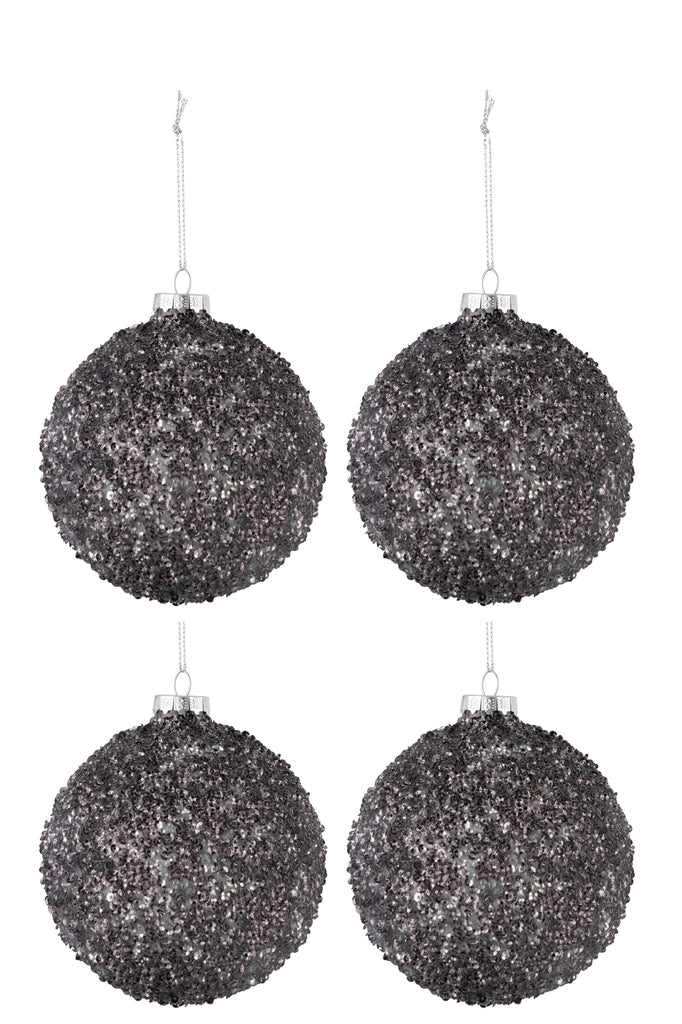 Boîte de 4 boules de Noël en verre pailleté gris anthracite de taille moyenne