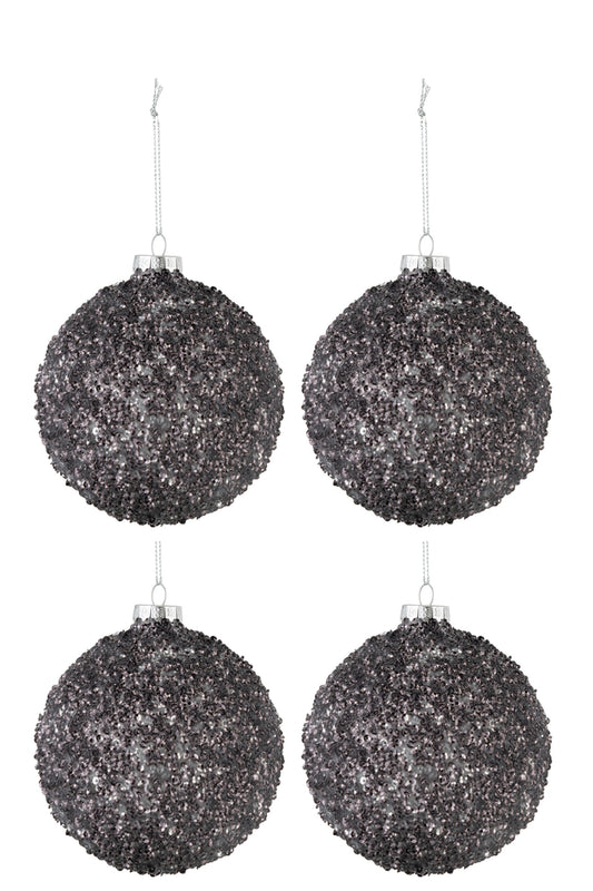 Boîte de 4 boules de Noël en verre pailleté gris anthracite de taille moyenne