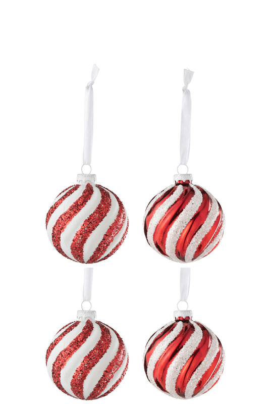 Boîte de 4 boules de Noël 2+2 lignes en verre blanc/rouge petit