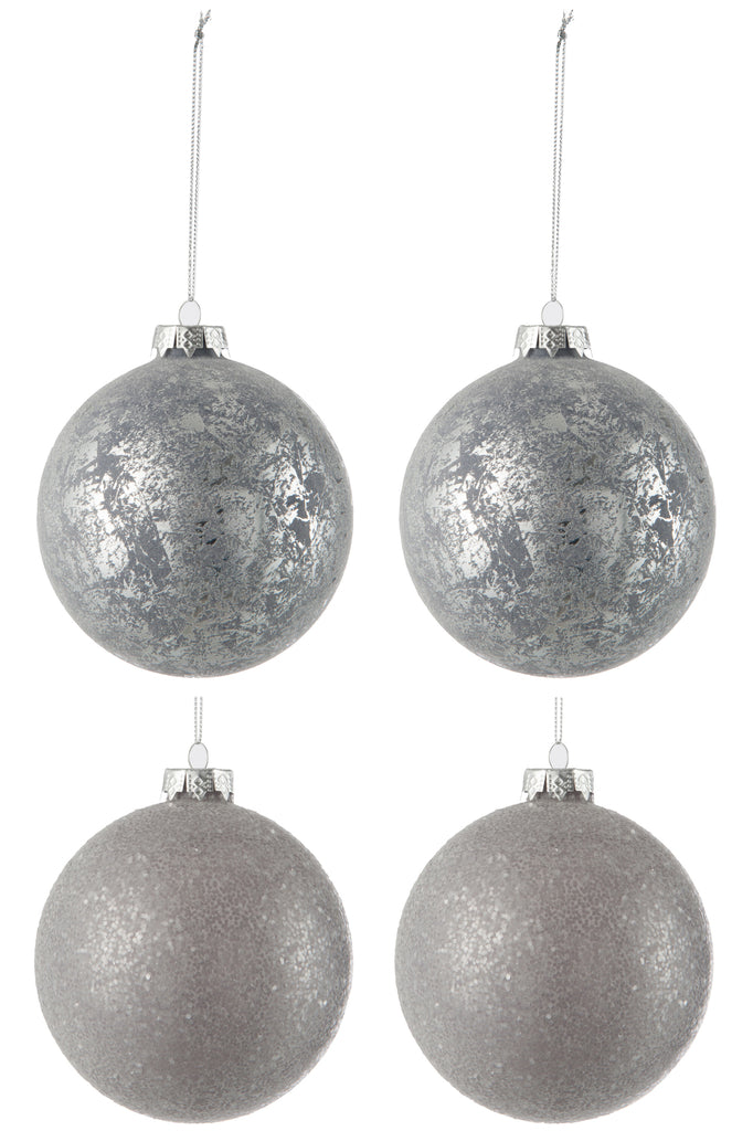 Boîte de 4 boules de Noël 2 paillettes + 2 verre gris antique