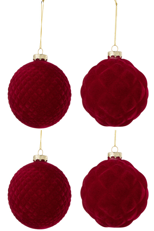 Boîte de 4 boules de Noël 2+2 velours rouge grand