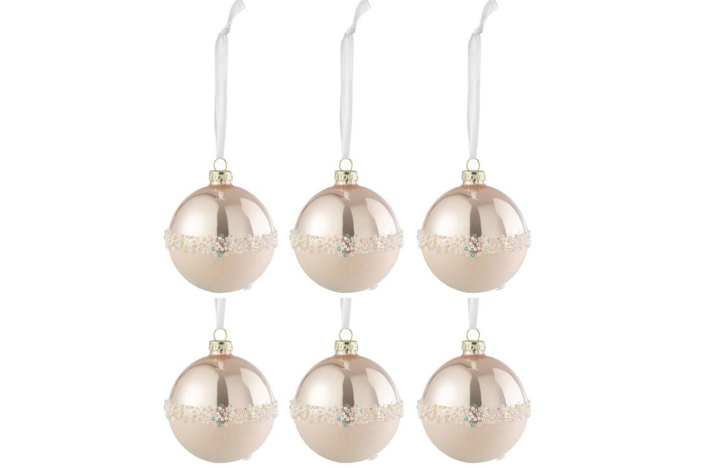 Boîte de 6 boules de Noël en verre avec paillettes, finition mate/brillante, rose clair, petites