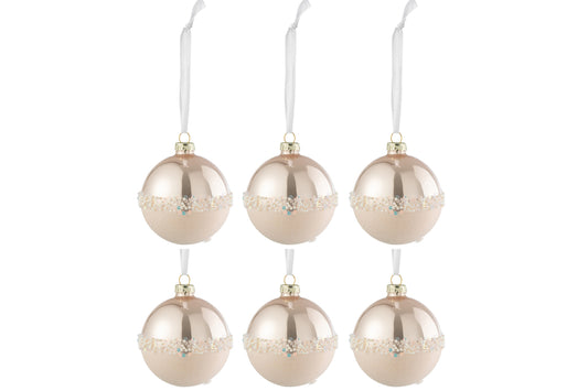 Boîte de 6 boules de Noël en verre avec paillettes, finition mate/brillante, rose clair, petites