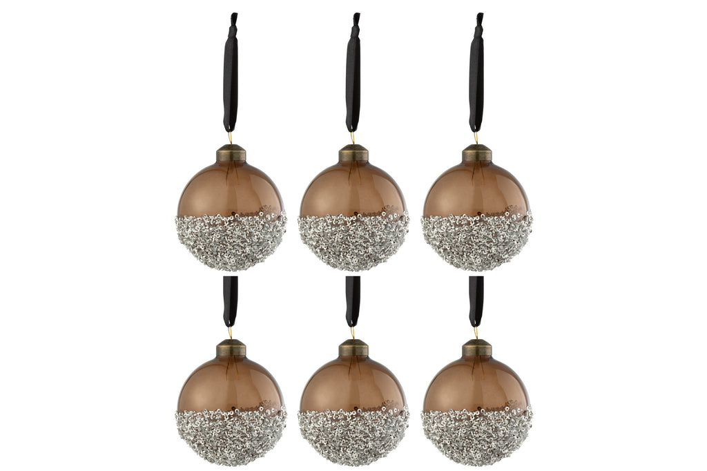 Boîte de 6 boules de Noël perles argentées en verre marron petites