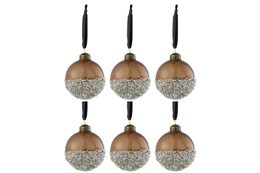 Boîte de 6 boules de Noël perles argentées en verre marron petites