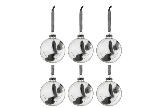 Boîte de 6 boules de Noël rondes en verre noir transparent avec petites queues de lièvre séchées.