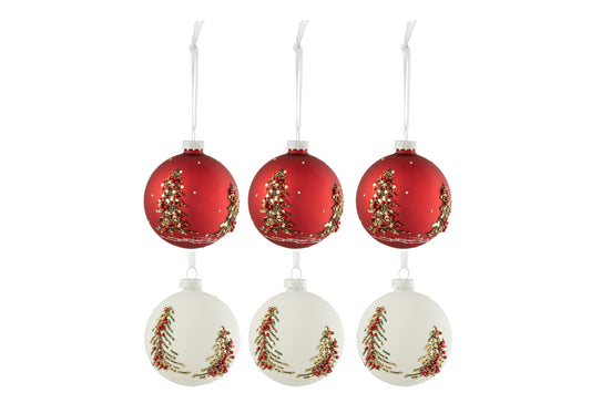 Boîte de 6 boules de Noël Sapins de Noël Paillettes Verre Blanc/Rouge Petit