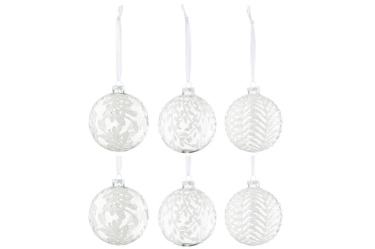 Boîte de 6 boules de Noël 2+2+2 Feuilles Paillettes Verre Blanc Grand