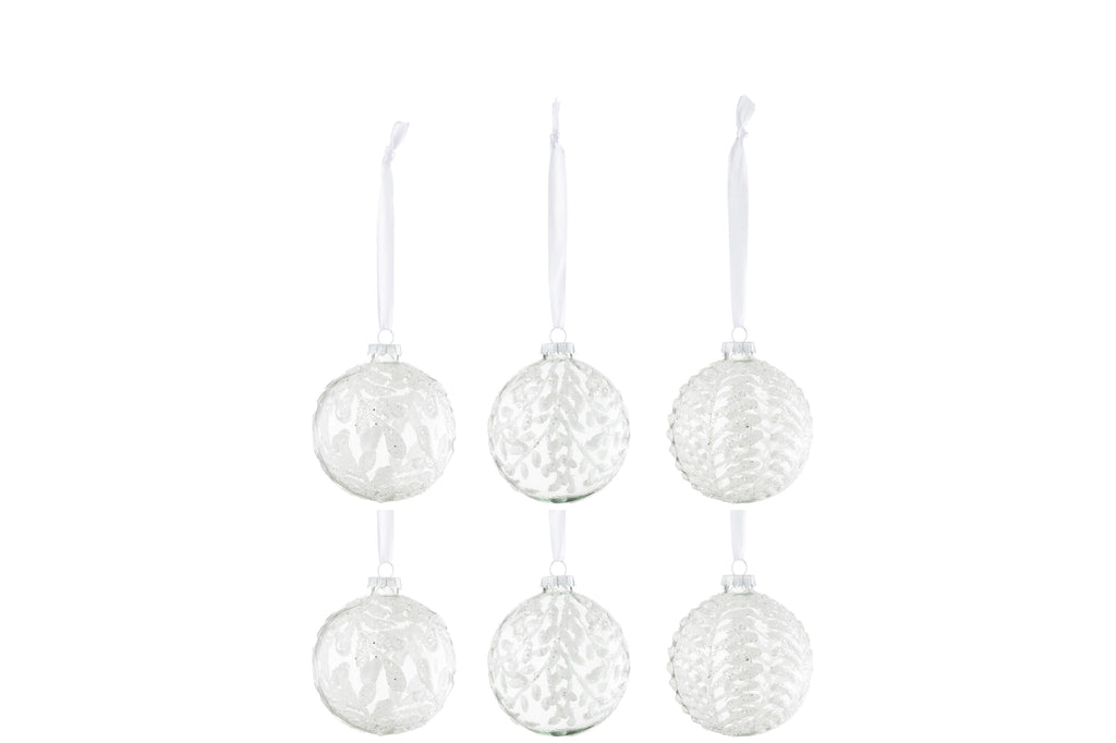 Boîte de 6 boules de Noël 2+2+2 Feuilles Paillettes Verre Blanc Petit