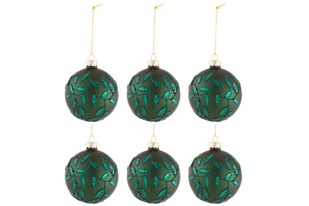 Boîte de 6 boules de Noël Feuilles Pailletées Verre Mat Vert Petit