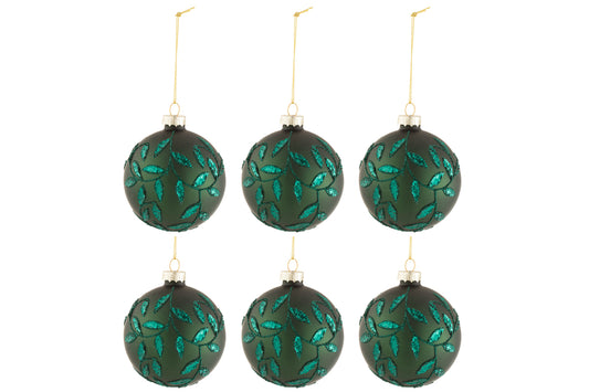 Boîte de 6 boules de Noël Feuilles Pailletées Verre Mat Vert Petit