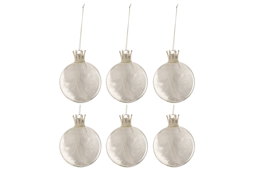 Boîte de 6 boules de Noël couronne plume blanche en verre transparent petit