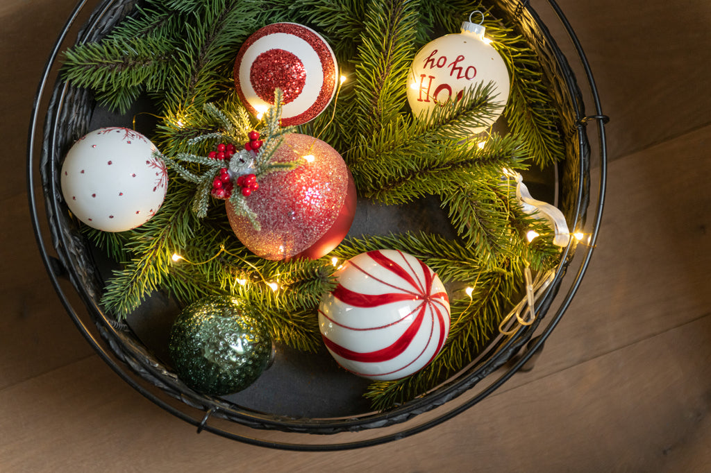 Boîte de 6 boules de Noël Hohoho! Verre Blanc/Rouge Petit