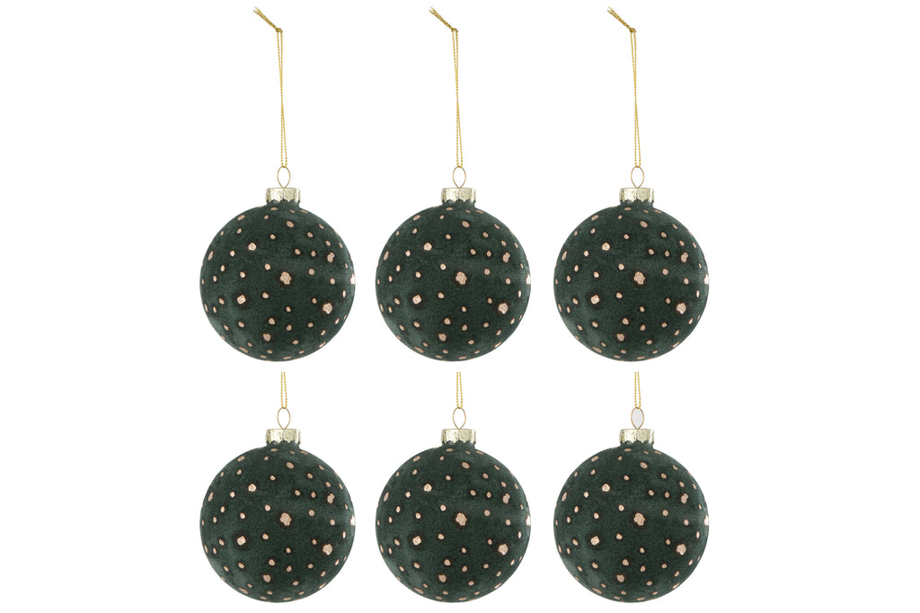 Boîte de 6 boules de Noël en velours vert/or à pois.