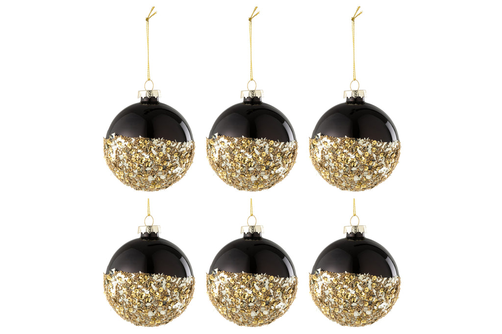 Boîte de 6 boules de Noël en verre pailleté noir/or